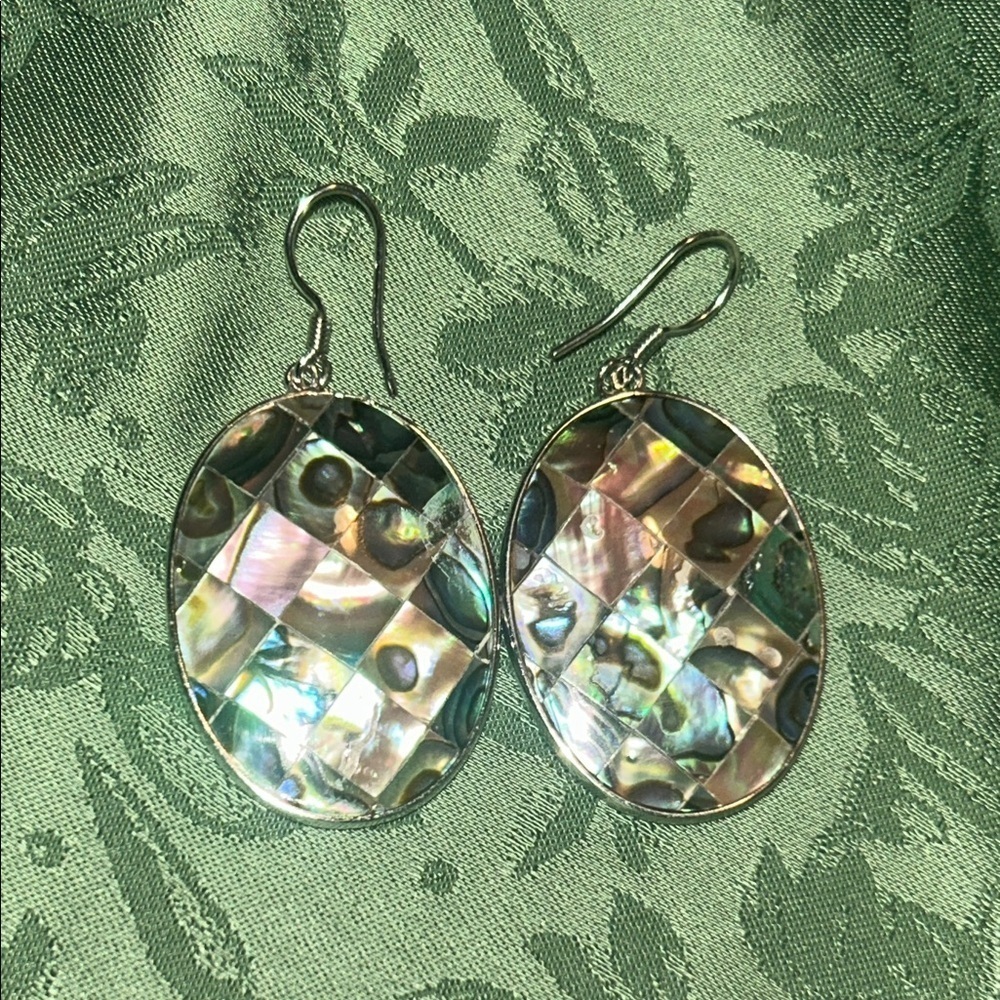 Elegant Oval mother of Pearl Abalone mosiac shell statement earrings